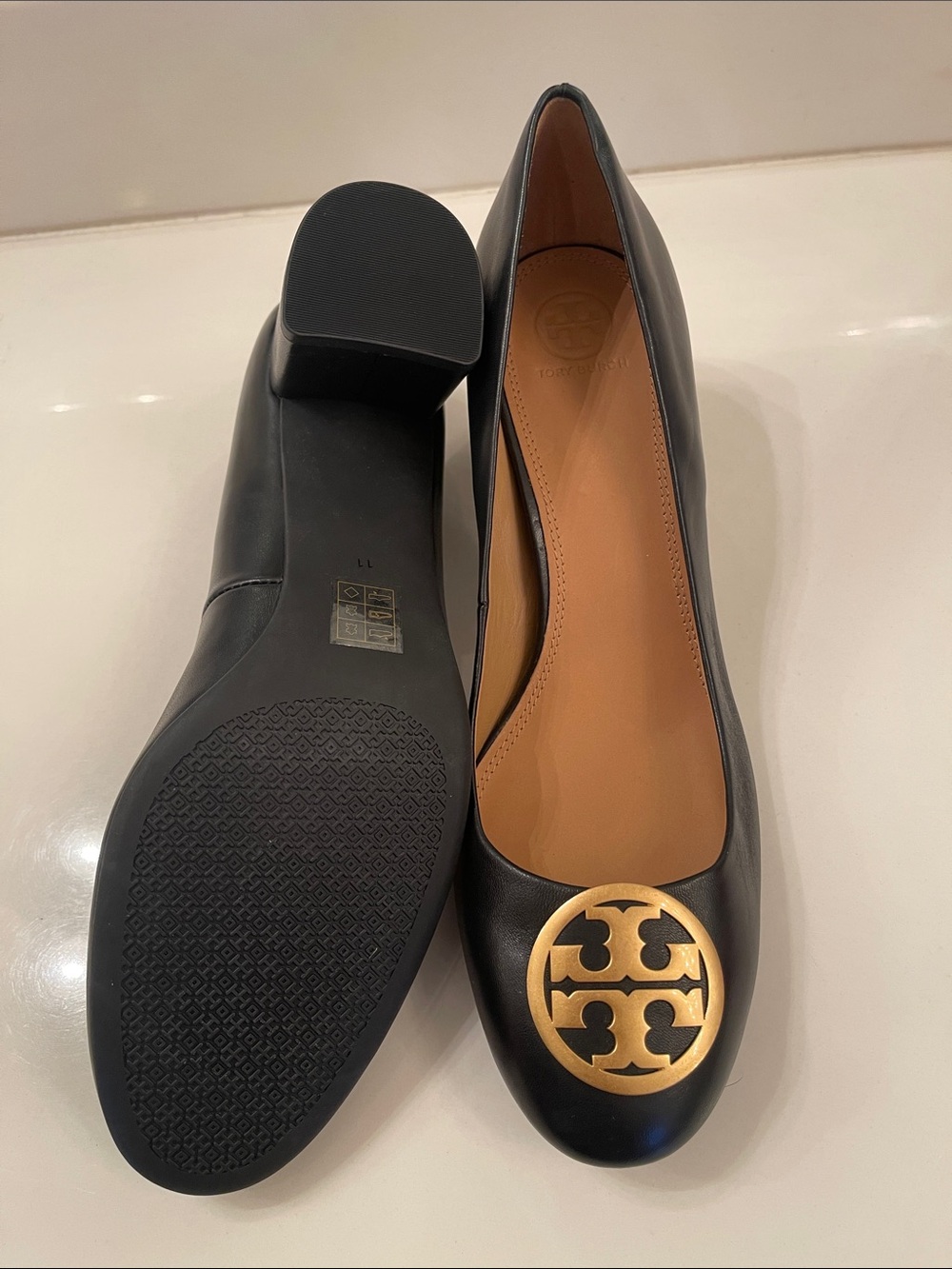 Tory Burch Black Leather Ballet Flats with Gold Logo Medallion - Picture 2 of 2